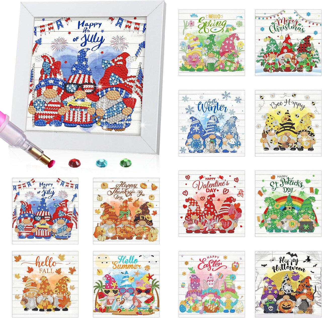 13 Pcs Interchangeable Seasonal Diamond Painting Kits 5D Summer 4th of July Diamond Painting Kits with Frame